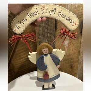 Vintage Handpainted Wooden Hanging Angel Plaque True Friend Is A Gift From Above